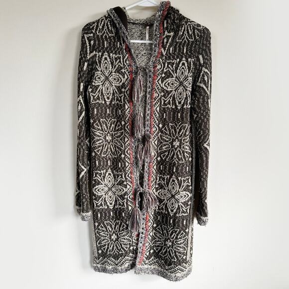 Free People Sweaters - Free People Hooded Long Cardigan Sweater Kai Tassel Pom Tapestry Boho Size XS